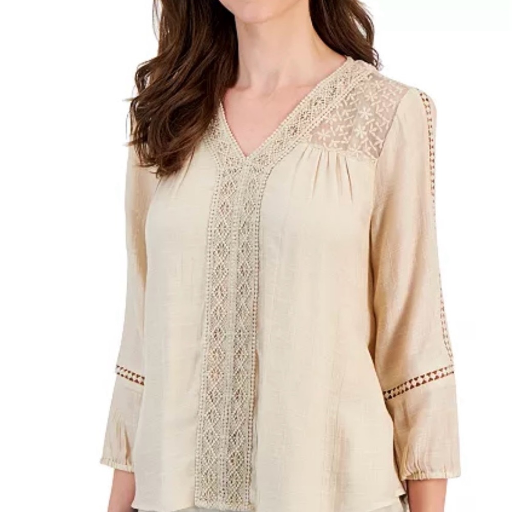 Style & Co Boho blouse. Tan with lace and cut outs. NWT. XL